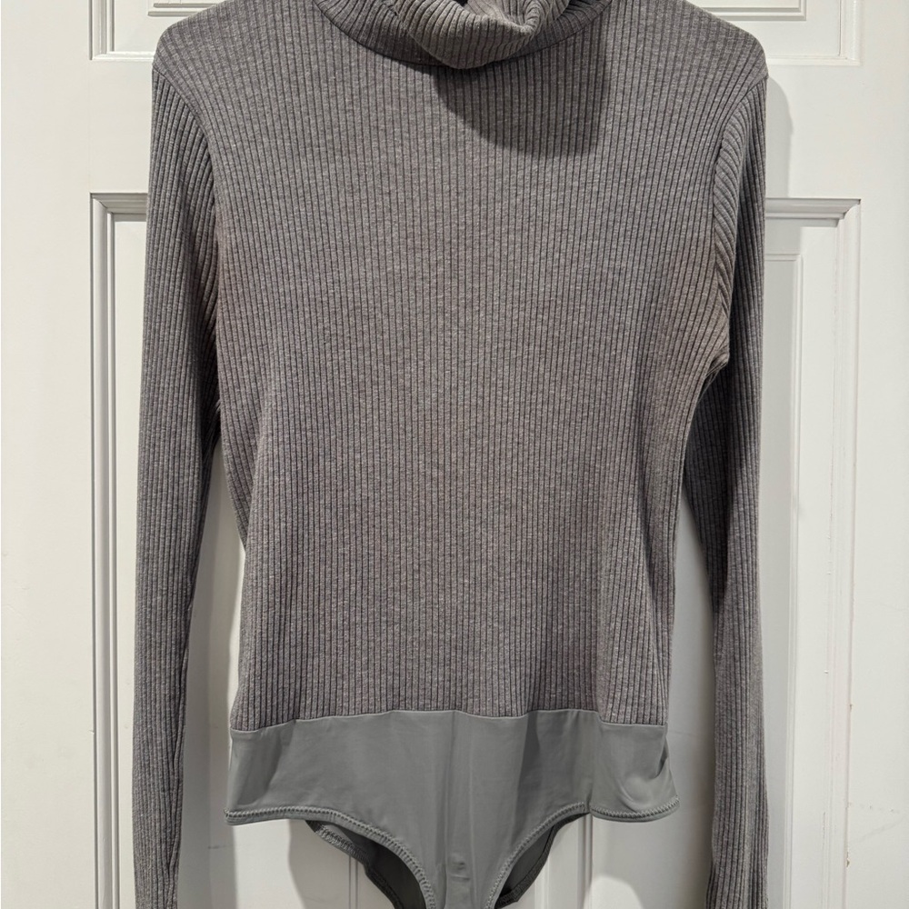 Gray Ribbed Turtleneck Bodysuit
